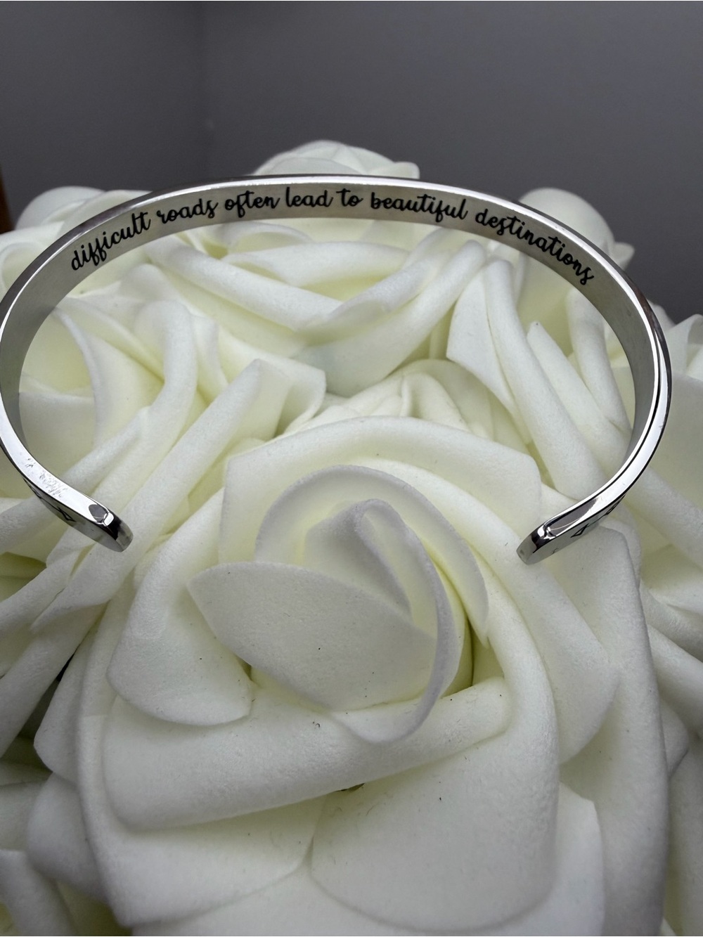 Inspirational Silver Cuff Bracelet - "Difficult Roads" Engraved